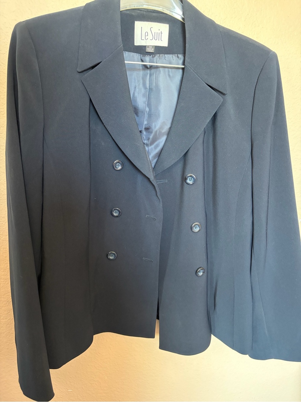 $25 SUIT SALE Le Suit Navy Double-Breasted Suit Jacket Blazer and skirt
